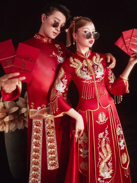 Qipao Men, Formal Wedding Guest Attire, Phoenix Embroidery, Chinese Wedding Dress Traditional, Cheongsam Traditional, Qipao Wedding, Dress Couple, Qi Pao, Formal Wedding Guests