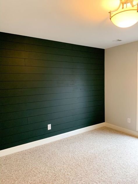 Forest Green Shiplap Wall, Cypress Accent Wall, Dark Green Wallpaper Accent Wall, Dark Green Shiplap Wall Bedroom, Accent Wall On Slanted Wall, Shiplap Wall Green, Hunter Green Shiplap Wall, Industrial Farmhouse Accent Wall, Easy Black Accent Wall