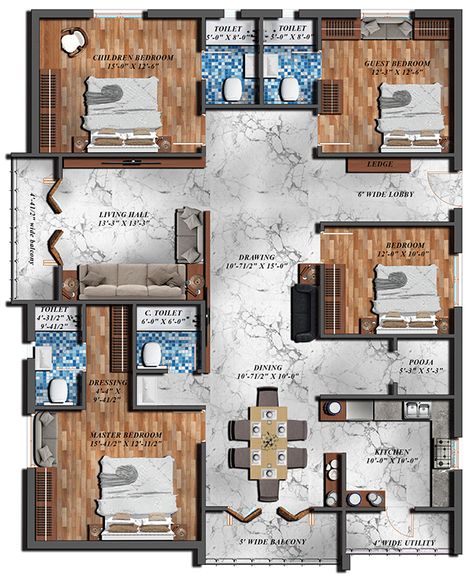 4 BHK Floor Plan on Behance Render Plan, Floor Plan Ideas, 4 Bedroom House Designs, F Design, Single Floor House Design, Three Bedroom House Plan, 3d Floor Plans, Modern House Floor Plans, 3d Floor Plan