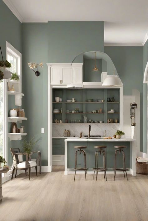 interior decorators,interior design services,wall paint ideas,designer home decor Light Oak Floors, Kitchen Decor Styles, Paint For Kitchen Walls, Sage Green Kitchen, Kitchen Styles, Trending Paint Colors, Contemporary Kitchen Design, Wall Paint Colors, Kitchen Paint