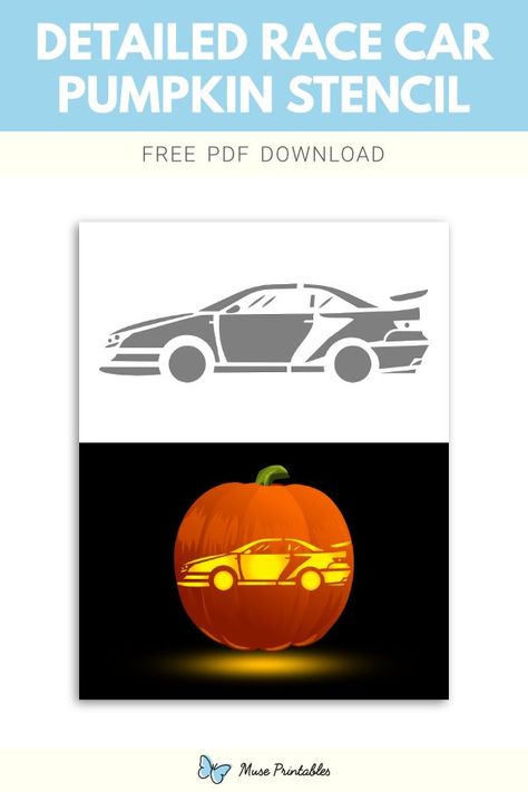 Free printable detailed race car stencil for pumpkin carving. Download it at https://museprintables.com/download/pumpkin-stencil/detailed-race-car/ Car Pumpkin Carving, Car Stencil, Stencil For Pumpkin Carving, Car Pumpkin, Printable Pumpkin Stencils, Pumpkin Stencils Free, Halloween Pumpkin Carving Stencils, Pumpkin Carving Contest, Thanksgiving Time