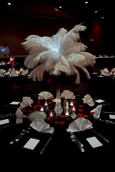 Table Red Centerpieces, Casino Night Food, Casino Night Fundraiser, Feather Centerpieces, Casino Party Foods, Casino Party Decorations, Casino Decorations, Casino Royale Party, Vegas Party