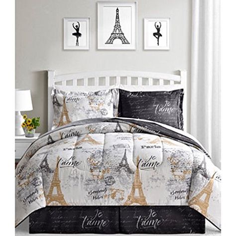 BonJour Paris, Eiffel Tower, Black, White & Gold Reversible Twin Comforter Set (6 Piece Bed in A Bag) + Homemade Wax MELT Best Quilted Comforter, Set USA Paris Bedroom Ideas For Teens, Paris Room Decor, Paris Themed Bedroom, Full Comforter Sets, Paris Rooms, Paris Bedroom, Twin Comforter Sets, Bedroom Bedding, Reversible Comforter