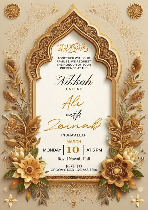 Muslim Wedding Invitations Template, Wedding Card Design Muslim, Muslim Wedding Card Template, Shadi Card Design Muslim, Wedding Card Background Design Hd, Muslim Wedding Invitation Card Design, Muslim Wedding Card, Wedding Poster Design, Digital Wedding Invitations Templates