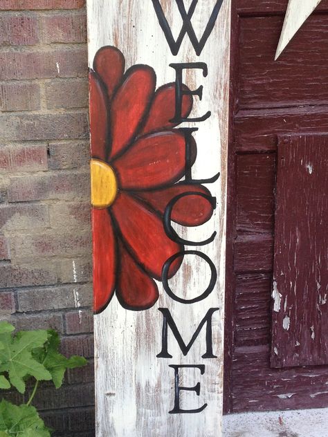 Welcome Sign Ideas Entryway, Painted Welcome Signs On Wood, Wood Board Painting Ideas, Cute Welcome Signs, Diy Welcome Sign Wood, Board Painting Ideas, Porch Boards, Plank Art, Welcome Signs Front Door