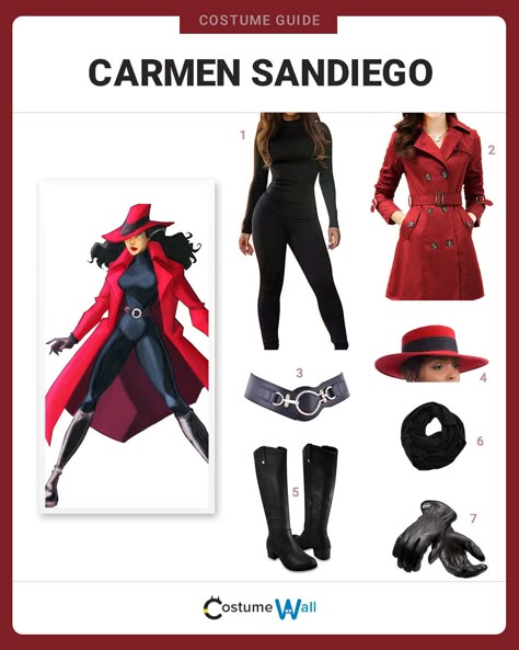 Many are searching for the elusive Carmen Sandiego, but you can easily find her cosplay costume guide. Carmen Sandiego Costume, Easy Cosplay Costumes, Carmen San Diego, Costume Guide, Easy Cosplay, Carmen Sandiego, Cosplay Characters, Costume Outfits, Cosplay Outfits