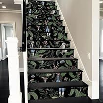 Black Painted Stairs, Stairway Makeover, Victorian Stairs, Vinyl Stair Risers, Night Animals, Staircase Decals, Wallpaper Stairs, Stair Decals, Painted Staircases