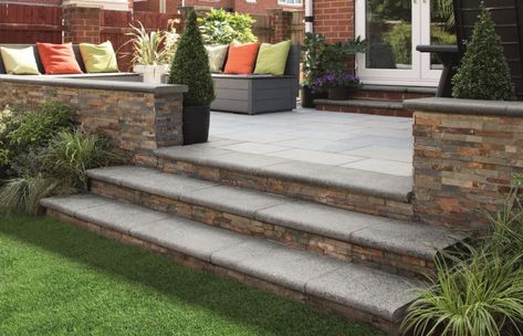 Tiered Patio, Garden Slabs, Patio Edging, Patio Stairs, Raised Patio, Back Garden Ideas, Patio Steps, Patio Slabs, Stone Steps