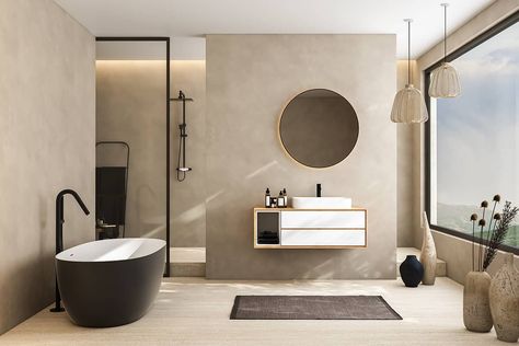 What Accent Colors Should You Use for A Beige Bathroom? - Homenish Beige And Black Bathroom, Beige Marble Bathroom, Beige Bathrooms, Space Optimization, Black Tub, Beige Bathroom, Marble Tile Floor, Beige Marble, Minimalist Room