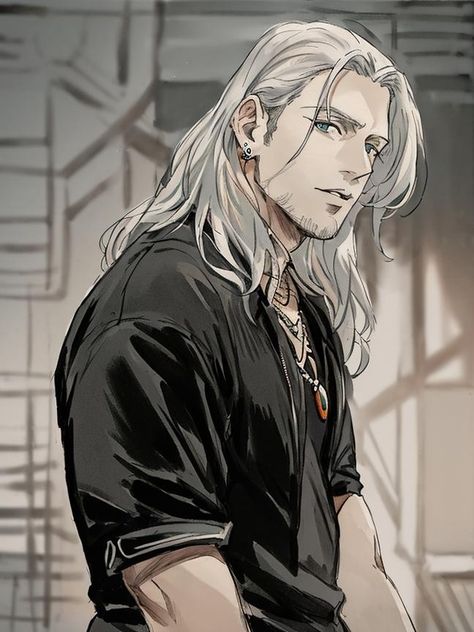 Geralt anime Version Grey Hair Male Character Art, Older Man Art Character Design, Older Oc Male, Anime Old Man Art, Man With White Hair Art, Anime Men With Beard, Male Character White Hair, Male Character Design White Hair, Anime Man Beard