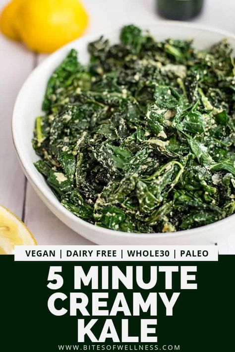 5 minute creamy kale is a simple side dish perfect for any dinner! Vegan, keto friendly, Whole30, low carb, allergy friendly, and paleo. This dairy free creamy kale recipe is sure to become one of your favorite ways to get in more veggies! How To Make Kale Taste Good, Kale Recipes Vegan, Kale Greens, Vegan Casseroles, Creamy Kale, Creamed Kale, Kale Recipe, Salad Kale, Dinner Favorites