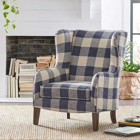 AmazonSmile: Stone & Beam Sadie Buffalo Check Wingback Chair: Kitchen & Dining Buffalo Plaid Chairs Living Room, Wing Back Chairs Living Room, Wing Chairs Living Room, Chairs For Reading, Dining Chair Makeover, Plaid Chair, Luxury Living Room Ideas, Cottage Chairs, Cozy Chairs