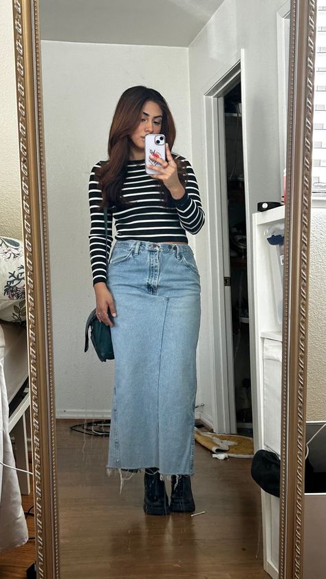 black and white striped long sleeve with my homemade long denim skirt plus my steve madden boots 🤌🏽 #falloutfit #outfitinspo #fall2023 #docmartens #stevemadden Long Jean Skirt Outfits Fall 2023, Black Long Denim Skirt Outfit, Modest Jean Skirt Outfits, Long Denim Skirt Outfits, Skirt Outfits For Women, Denim Dress Style, Long Denim Skirt Outfit, Modest Christian Clothing, Modest Winter Outfits