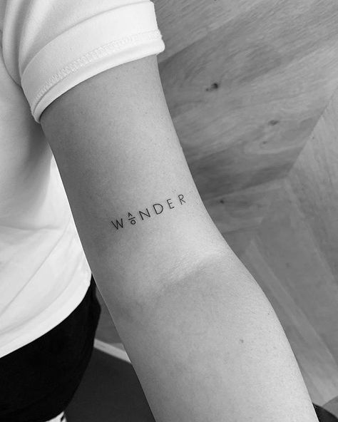 Small Tattoo Inspiration ➰ on Instagram: “WANDER or WONDER? . . Made by @fine.line.tattoos in Melbourne! You must check his page for more inspiration!…” Tattoo Placement Women, Word Tattoo Placement, Wanderer Tattoo, Word Tattoo Placements, Wander Tattoo, Always Tattoo, P Tattoo, Small Tats, Word Tattoo