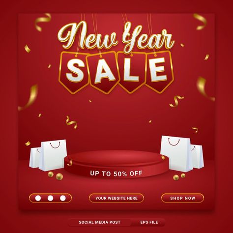 New year sale promo social media banner template with shopping bag on red background New Year Sale, New Years Background, Promotional Design, Sale Banner, Banner Vector, Social Media Banner, New Years Sales, Banner Template, Social Media Template