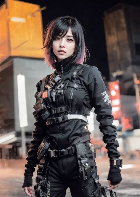 The image shows a young woman dressed in a black tactical outfit. She has short black hair and purple highlights. She is wearing a black jacket with a white stripe down the side and black pants with a white belt. She is also wearing a black tactical vest with various pockets and pouches. She has a confident expression on her face and looks like she is ready for action. Black Tactical Outfit, Black Tactical Vest, Tactical Outfit, Tactical Women, Confident Expression, Short Black Hair, Purple Highlights, Punk Girl, Tactical Vest