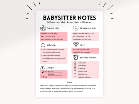 "When you need someone to watch your kids, you want to be sure that the babysitter is prepared for any situation. Our Pink Babysitter Checklist printable is the perfect guide to give to your nanny. It contains all the essential items they need to know to keep your children safe and happy. Plus, this editable template is easy to customize with any additional items you might need. Trust our checklist to help you find the right babysitter for your family. Pink Editable Babysitter Information Sheet Notes For Babysitter, Babysitter Rules, Nanny Checklist, Babysitter Checklist Printable, Emergency Information Sheet, Babysitter Guide, Babysitter Information Sheet, Babysitter Printable, Babysitter Checklist