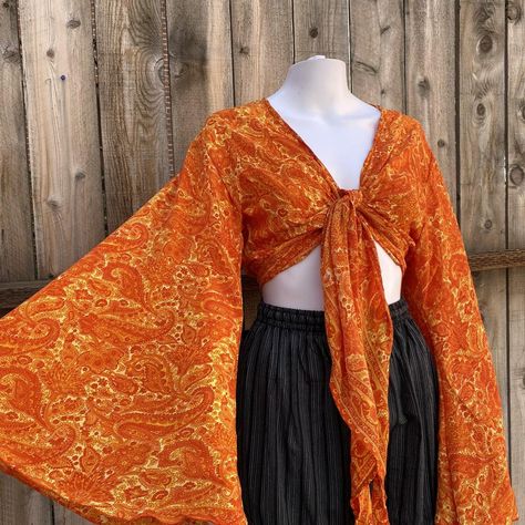 70s Crop Top Outfit, 70s Wrap Top, 70s Crop Top, Wide Sleeve Top, 70s Tops, Flowy Crop Top, Paisley Flower, Tied Shirt, Earth Wind