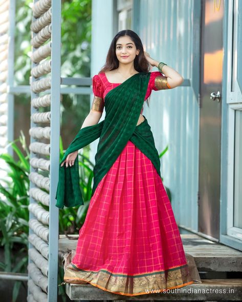 Athmika Sumithran in half saree photos - South Indian Actress Half Saree Designs Simple, Dhavani Designs, Athmika Sumithran, Silk Half Saree, Onam Outfits, Lehenga Saree Design, Simple Lehenga, Saree Photos, Half Saree Lehenga