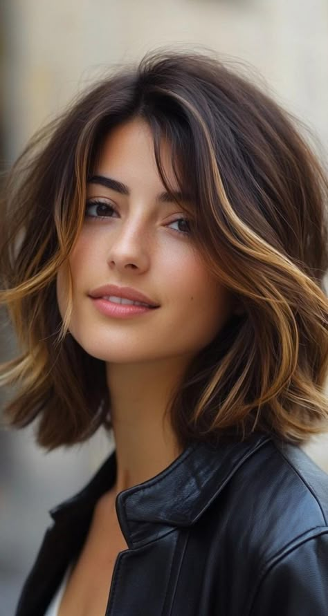 Highlights can elevate a classic bob haircut by adding texture and depth. From soft blonde streaks to bold caramel contrasts, the right highlights can turn a simple bob into a statement look that's full of movement and dimension, perfect for any fashion-forward individual. Chin Length Balayage, Bob Highlights Brunette, Caramel Short Hair, Brown Blonde Bob, Hair Roulette, Bob Haircuts With Highlights, Haircuts With Highlights, Neck Length Hair, Brown Bob Hair