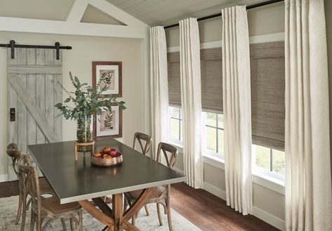 The Top 6 Dining Room Curtain Ideas for Your Home - Curtains Up Blog | Kwik-Hang Dining Room Drapes, Dining Room Window Treatments, Curtains Pictures, Modern Farmhouse Dining Room, Dining Room Windows, Dining Room Curtains, Modern Farmhouse Dining, Casual Dining Rooms, Room Curtains