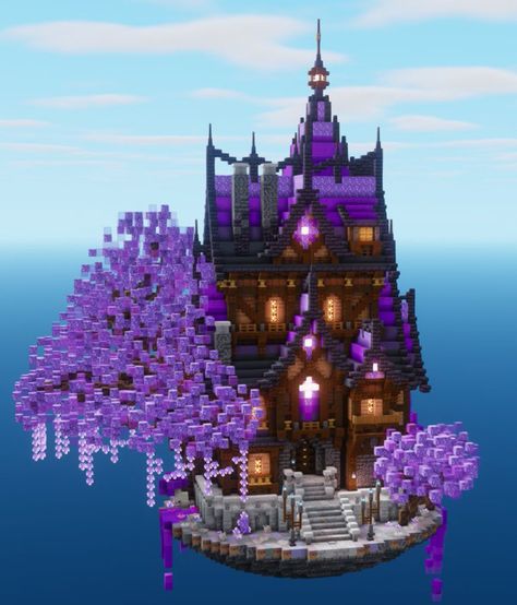 Witch Town Minecraft, Minecraft Building Ideas Witch, Wisteria Tree Minecraft, Minecraft Purple Aesthetic, Minecraft Underground Base Entrance, Minecraft Purple House, Purple Minecraft House, Spooky Minecraft Builds, Gothic Minecraft Builds