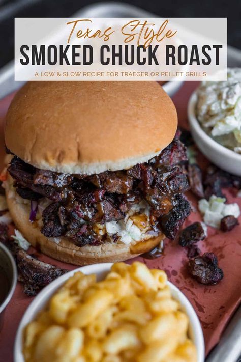 Smoked chuck roast is an easier, cheaper alternative to brisket. This recipe teaches you how to make it on a Traeger grill or pellet smoker. Chuck Roast On Pellet Grill, Smoked Stew Meat, Traeger Chuck Roast Recipes, Brisket Ideas Leftover, Fast Smoker Recipes, Rec Tec Grills Recipes, Crockpot Beef Chuck Roast Recipes, Smoked Chuck Roast Pellet Grill, Tregger Cooking