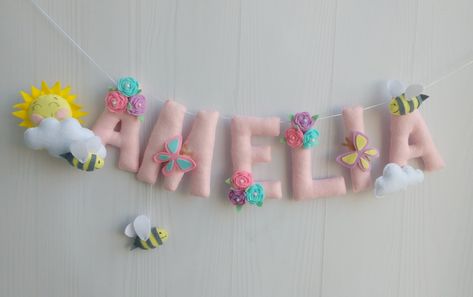 Amelia Name, Baby Name Banners, Name Garland, Wall Letters Nursery, Felt Name Banner, Name Bunting, Felt Name, Floral Nursery Decor, Felt Banner