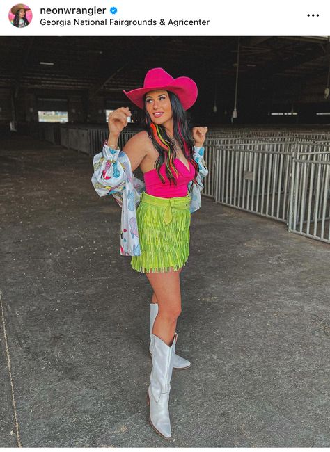 Neon Cowboy Outfit, Faster Horses Outfit, Horses Outfit, Cowgirl Outfit Ideas, Neon Cowgirl, Faster Horses, Cowgirl Outfit, Cowgirl Outfits, Clothes Horse