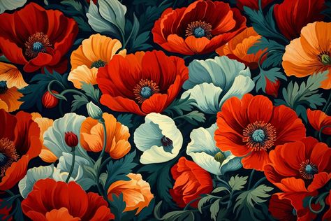 Red, Orange & White Poppy Wallpaper Mural | Bobbi Beck Poppy Wallpaper, Van Gogh Almond Blossom, Sand Textures, White Poppy, Lines Wallpaper, Fine Sand, Almond Blossom, Poppy Flowers, Rainbow Wallpaper