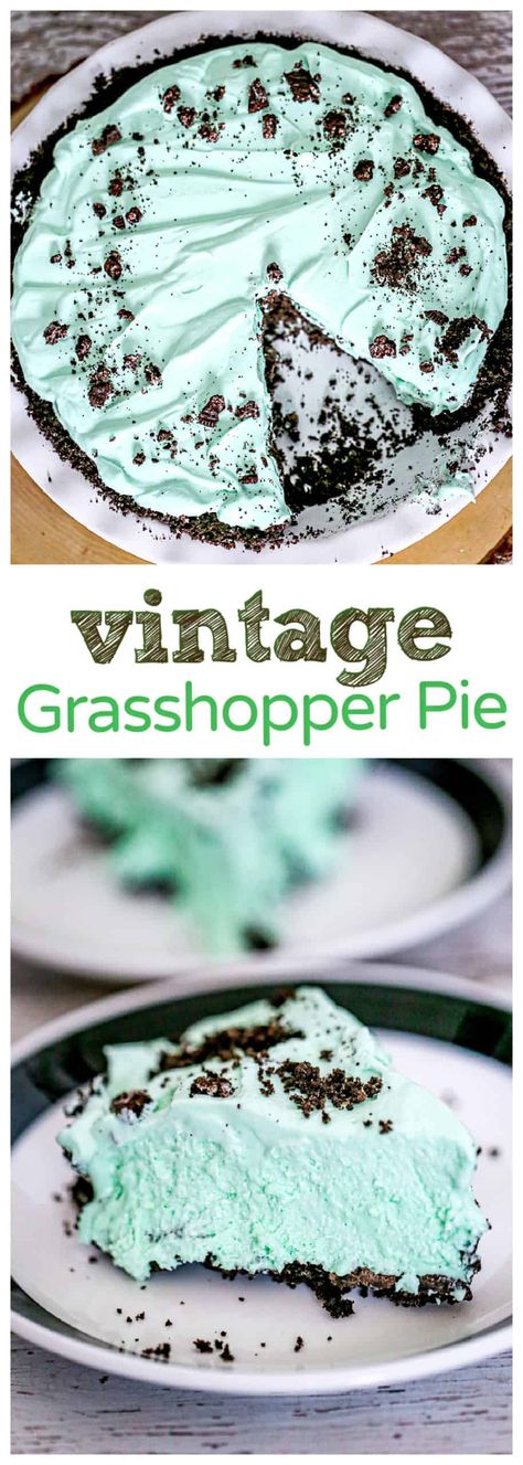 This decadent, vintage mint chocolate Grasshopper Pie comes together easily with just 5 simple ingredients!  It has a cool, creamy minty pie filling made with creme de menthe and marshmallow fluff with a homemade chocolate Oreo crust and cookie crumbles on top! #cookies #oreos #grasshopper #cremedementhe #mintdesserts #frozengrasshopperpie Grasshopper Pie Creme De Menthe, Grasshopper Pie Recipe, Gooey Desserts, Mint Pie, Chocolate No Bake, Whipped Cream Desserts, Grasshopper Pie, Creamy Pie, Pies Recipes