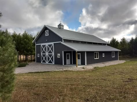 A 30' 0" x 56' 0" x 16' 4" Storage building with a Light Gray roof, Charcoal Gray siding and Snow trim. For TOM in ELLISON BAY, WI (2017103029). Charcoal Metal Building, Charcoal Gray Siding, Light Gray Roof, Cleary Buildings, Snow Building, Morton Building Homes, Gray Siding, Barn Colors, Bedroom Pole