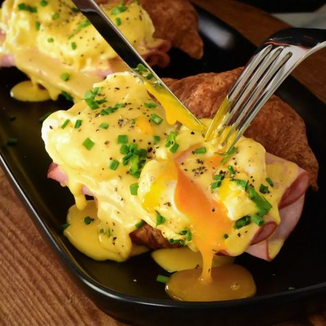 Croissant Eggs Benedict Recipe | Sur La Table Benedict Recipe, Eggs Benedict Recipe, Egg Breakfast, Eggs Benedict, Brunch Recipes, Breakfast Brunch, Breakfast Recipes, Christmas