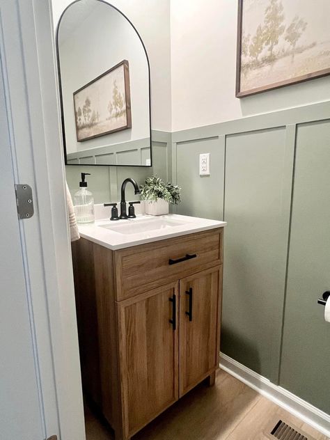 Half Bath With Green Vanity, Half Bath Wood Vanity, Natural Half Bathroom Ideas, Green And Gold Half Bathroom, Powder Room With Wood Vanity, Earthy Half Bath, Old Bathroom Renovation, Traditional Half Bathroom Ideas, Small Half Bathroom Remodel