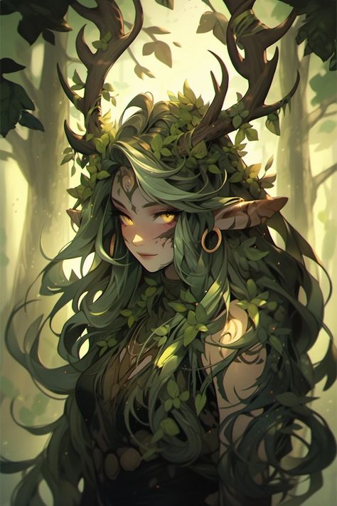 Green Dragon Human Form, Woodland Character Design, Anime Female Green Hair, Green Skin Character, Nymph Art Character Design, Blighted Druid, Female Druid Character Design, Fantasy Creatures Art Humanoid, Druid Elf Female