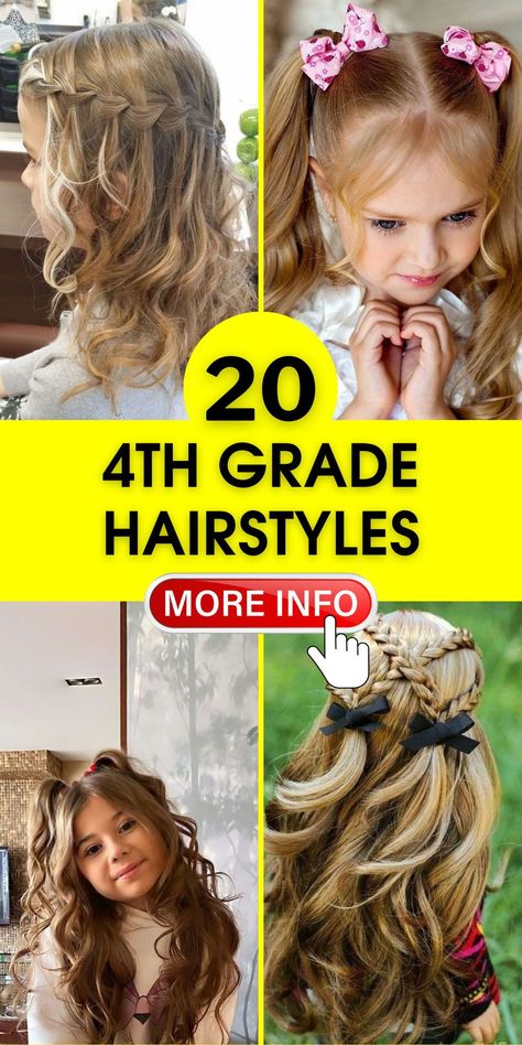 Dive into a selection of 4th grade hairstyles that are both cute and easy to manage. These styles include a variety of braids and curly hair options, ideal for the busy mornings and long school days. They're perfect for making your child feel special on the first day of school. 4th Grade Hairstyles, Grade Hairstyles, Elegant Braids, Prom Trends, Childrens Hairstyles, Rainbow Braids, Side Swept Curls, Kids' Braids, Toddler Easter