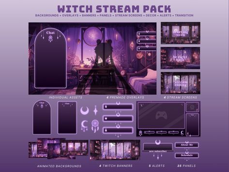 purple stream overlay animated vtuber background witch twitch overlay witch vtuber asset purple twitch banner purple stream package animated by SubtleStyleStudio on Etsy Vtuber Overlay Design, Vtuber Banner, Witch Vtuber, Vtuber Stream Overlay, Stream Aesthetic, Vtuber Overlay, Streaming Overlay, Vtuber Background, Twitch Streaming Setup