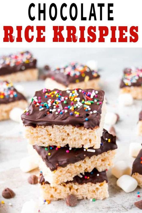 Delicious chocolatey rice krispies treats. They have a chewy, crispy and airy rice krispies base an a layer of semi-sweet milk chocolate top. Rice Krispy Treats With Chocolate On Top, Chewy Rice Krispie Squares, Rice Krispie Squares With Chocolate, Rice Krispies With Chocolate On Top, Chocolate Rice Krispie Squares, Rice Krispie Squares Christmas, Rice Crispy Treats Recipe Original, Easter Rice Crispy Treats, Chocolate Rice Krispies Treats