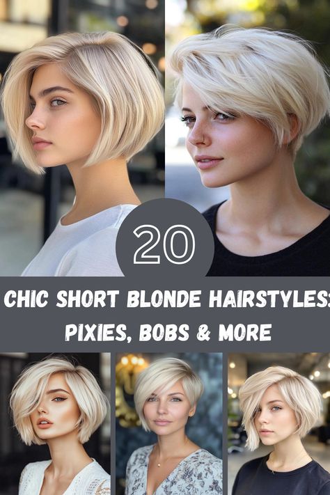 Looking to go blonde with a chic, short hairstyle? Discover a range of options from playful pixie cuts to sophisticated bobs, each designed to flatter and add dimension to blonde tones. Whether you’re after a low-maintenance look or something bolder, this guide will help you choose the perfect short hairstyle for a modern, refreshed appearance. Long Pixie Blonde Hair, Blond Pixie Bob, Blonde Pixie Bob Haircut, Very Short Blonde Hair, Long Blonde Pixie, Short Inverted Bob Haircuts, 30s Hairstyles, Blonde Short Bob, Short Blonde Hairstyles