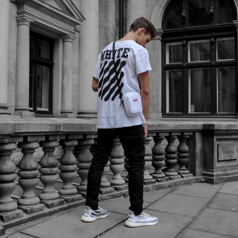 Off White Tee || Supreme FW17 Shoulder Bag || adidas YEEZY V2 "Zebra" Yeezy Zebra, Yeezy V2, Off White Tees, White Streetwear, Monochrome Outfit, Yeezy 350, Minimal Outfit, Effortless Chic, White Outfits