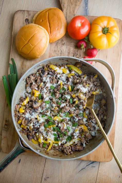 Macro-friendly Ground Beef Philly Skillet Ground Beef Philly, Ground Beef Skillet, Lillie Eats And Tells, Buffalo Chicken Spaghetti Squash, Beef Skillet, Spaghetti Squash Casserole, Healthy Ground Beef, Easy Ground Beef, Ground Beef Recipes Healthy