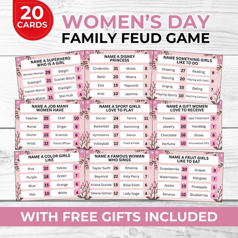 Make your Women's Day celebration fun and engaging with this printable party game for Women's Day Family Feud game! Perfect for work parties, office gatherings, schools, and church events, this game brings people together for laughter, learning, and friendly competition. This fun and interactive trivia game is designed to honor and celebrate women while fostering teamwork and entertainment. With survey-style questions, players guess the most popular answers, just like the classic Family Feud game! What's Included: 1.) International Women's Day Family Feud 20 Cards 2.) Free Women's Day Photo Booth Props 3.) Free Women's Day Gift Tags 🎉 Why You'll Love This Women's Day Game: ✅ Perfect for All Ages - Great for coworkers, students, and community groups. ✅ Instant Download & Print - No waiting Women's Day Photo, Game For Work, 9th Wonder, Disney Names, Family Feud Game, Celebrate Women, Trivia Game, Work Parties, Church Events