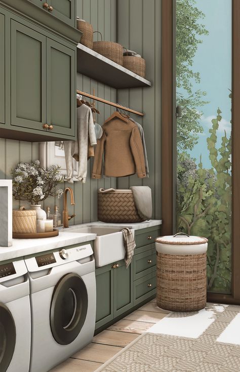 Countryside Laundry 🍃 Sims 4 Houses Ideas Interior, Ts4 Nature Cc, Sims Houses Cc, Sims4 Laundry Room, Sims 4 Content Creator Cc, Sims Laundry Room, Sims 4 Laundry Room Ideas, Sims 4 Farmhouse Interior, Sims 4 Washing Machine Cc