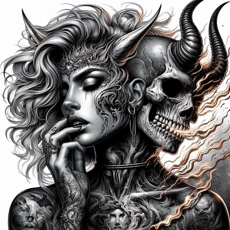 Demonic Female Tattoos, Cover Up Tattoos For Women Chest, Dark Woman Tattoo, Split Personality Tattoo, Dark Skull Tattoo Design, Dark Realism Tattoo, Female Chest Tattoo Ideas, Aphrodite Goddess Tattoo, Devil And Angel Tattoo