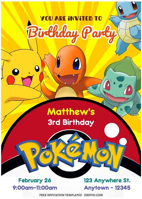 (Free Editable PDF) Get Ready To Evolve Pokemon Birthday Invitation Templates | Download Hundreds FREE PRINTABLE Birthday Invitation Templates Pokemon Birthday Invites, Pokemon Party Invitations, Pokemon Birthday Card, Twin Birthday Themes, Pokemon Printables, Birthday Party Flyer, Pokemon Invitations, Bday Party Invitations, Birthday Party Invitations Free