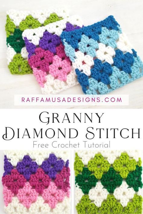 How to Crochet the Granny Diamond Stitch • RaffamusaDesigns Crochet Birthday, Crochet Watermelon, Crocheted Squares, Granny Square Crochet Patterns Free, Crochet Stitches Free, Crochet Blanket Designs, Mode Crochet, Crochet Stitches For Beginners, Haken Baby