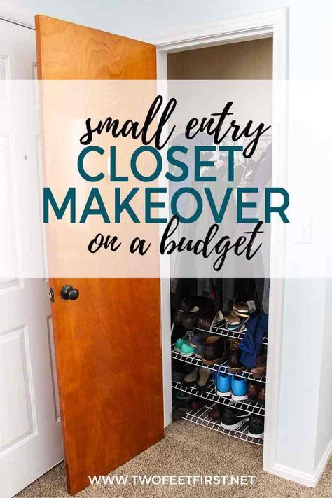 Diy Entry Closet, Small Entry Closet, Closet Makeover On A Budget, Entry Closet Makeover, Small Closet Makeover, Small Coat Closet, Front Closet, Coat Closet Organization, Easy Home Improvement Projects