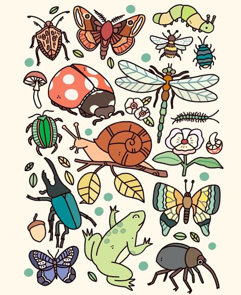 Forest Doodles, Botanical Posters, Bug Art, Little Doodles, Forest Floor, Bugs And Insects, Art Collage Wall, Funky Art, Cute Doodles