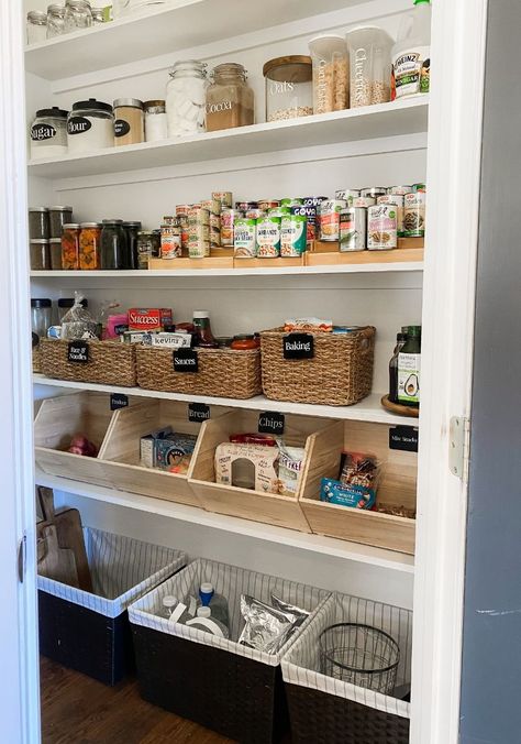 Pantry Organization Ideas that Will KEEP Your Pantry Organized — Farmhouse Living Pantry Organization Farmhouse, 4 Shelf Pantry Organization, Pantry Shelf Configuration, Open Shelves Pantry Organization, Fruit Storage In Pantry, Potato Storage Ideas Pantry, Affordable Pantry Shelves, 5 Shelf Pantry Organization, Long Pantry Organization