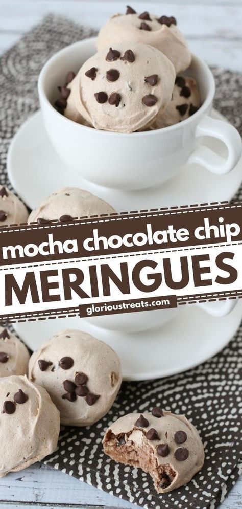 Mocha Chocolate Chip Meringues, Holiday baking recipes, christmas desserts, sweet treats Mocha Dessert Recipes, Mocha Desserts, Chocolate Chip Meringue Cookies, Chocolate Meringue Cookies, Meringue Cookie Recipe, Meringue Desserts, Chocolate Meringue, Meringue Recipe, Holiday Baking Recipes